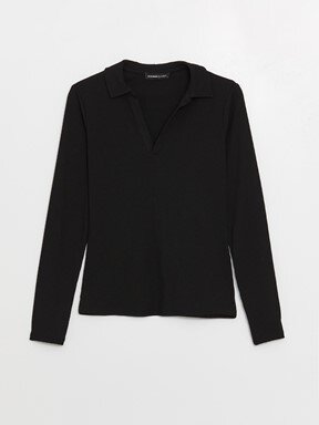 LCW CASUAL Polo Yaka Düz Uzun Kollu Kadın Tişört YENİ SİYAH