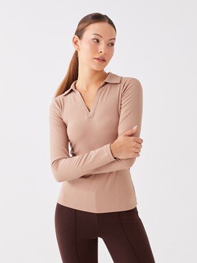 LCW CASUAL Polo Yaka Düz Uzun Kollu Kadın Tişört YENİ SİYAH
