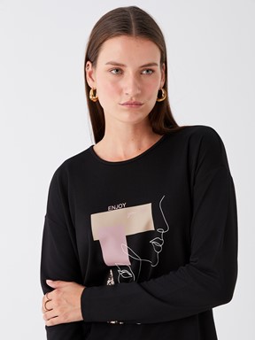 Bisiklet Yaka Desenli Uzun Kollu Kadın Bluz YENİ SİYAH