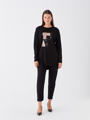 Bisiklet Yaka Desenli Uzun Kollu Kadın Bluz YENİ SİYAH