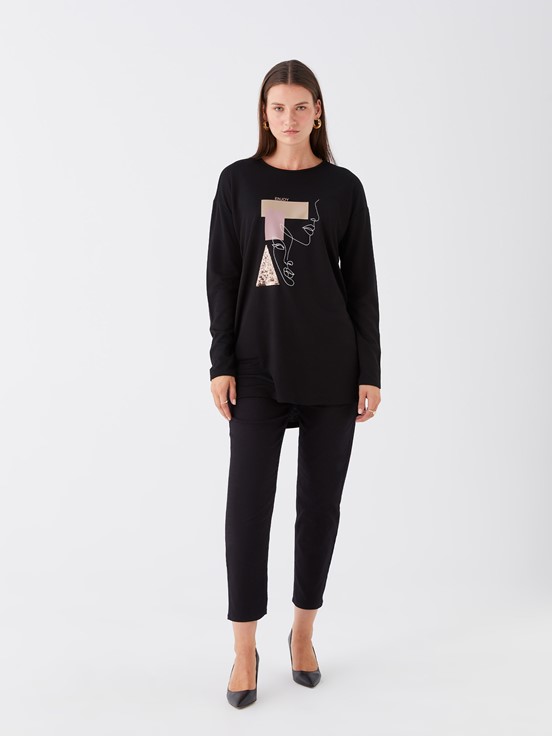 Bisiklet Yaka Desenli Uzun Kollu Kadın Bluz YENİ SİYAH