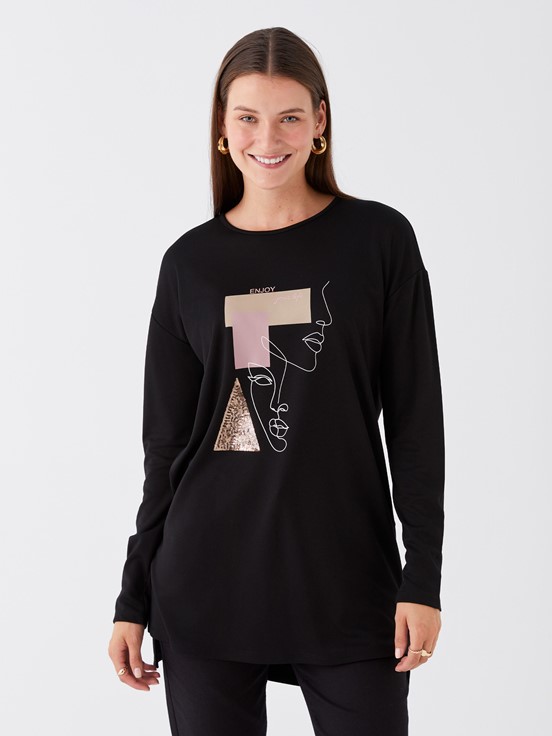 Bisiklet Yaka Desenli Uzun Kollu Kadın Bluz YENİ SİYAH