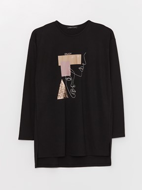 Bisiklet Yaka Desenli Uzun Kollu Kadın Bluz YENİ SİYAH