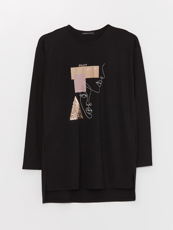 Bisiklet Yaka Desenli Uzun Kollu Kadın Bluz YENİ SİYAH