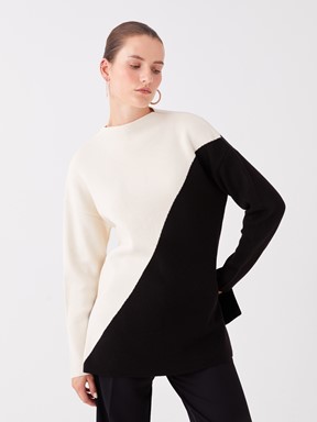 Yarım Balıkçı Yaka Renk Bloklu Uzun Kollu Oversize Kadın Triko Tunik YEŞİL
