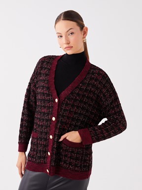 V Yaka Desenli Uzun Kollu Kadın Triko Hırka PEMBE EKOSELİ