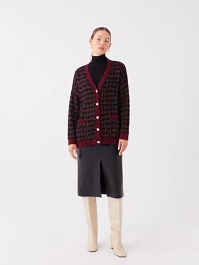 V Yaka Desenli Uzun Kollu Kadın Triko Hırka PEMBE EKOSELİ