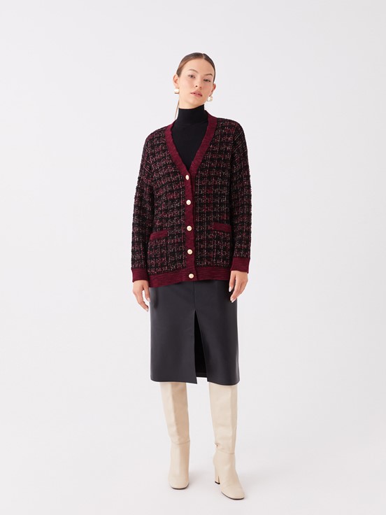 V Yaka Desenli Uzun Kollu Kadın Triko Hırka PEMBE EKOSELİ