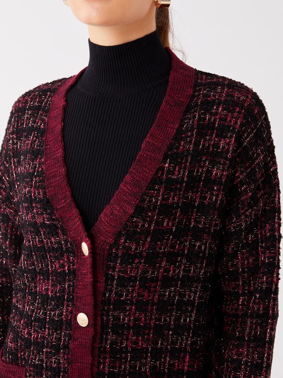 V Yaka Desenli Uzun Kollu Kadın Triko Hırka PEMBE EKOSELİ