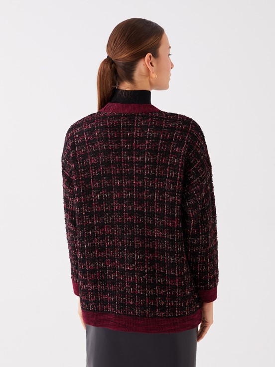 V Yaka Desenli Uzun Kollu Kadın Triko Hırka PEMBE EKOSELİ