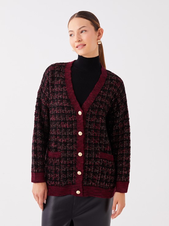 V Yaka Desenli Uzun Kollu Kadın Triko Hırka PEMBE EKOSELİ