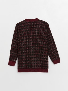 V Yaka Desenli Uzun Kollu Kadın Triko Hırka PEMBE EKOSELİ