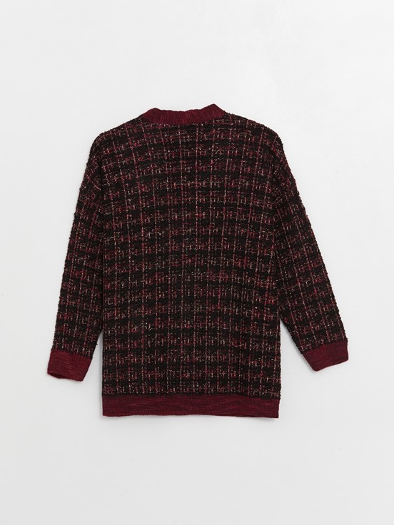 V Yaka Desenli Uzun Kollu Kadın Triko Hırka PEMBE EKOSELİ