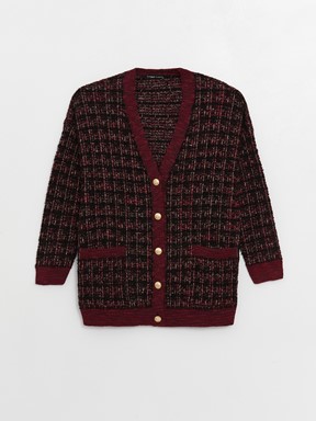 V Yaka Desenli Uzun Kollu Kadın Triko Hırka PEMBE EKOSELİ