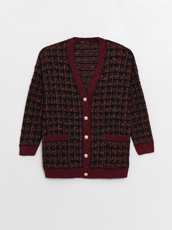 V Yaka Desenli Uzun Kollu Kadın Triko Hırka PEMBE EKOSELİ