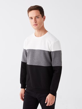 Bisiklet Yaka Uzun Kollu Renk Bloklu Erkek Sweatshirt GRİ MELANJ