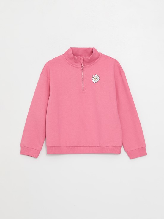 Dik Yaka Baskılı Uzun Kollu Kız Çocuk Sweatshirt ve Eşofman Altı PEMBE