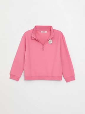 Dik Yaka Baskılı Uzun Kollu Kız Çocuk Sweatshirt ve Eşofman Altı PEMBE
