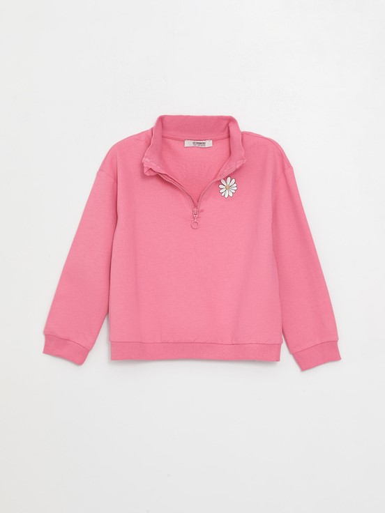 Dik Yaka Baskılı Uzun Kollu Kız Çocuk Sweatshirt ve Eşofman Altı PEMBE