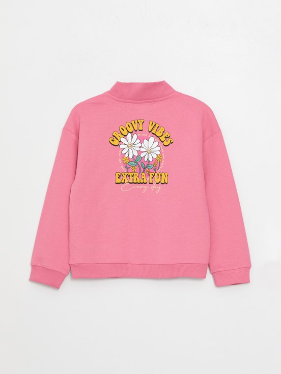 Dik Yaka Baskılı Uzun Kollu Kız Çocuk Sweatshirt ve Eşofman Altı PEMBE