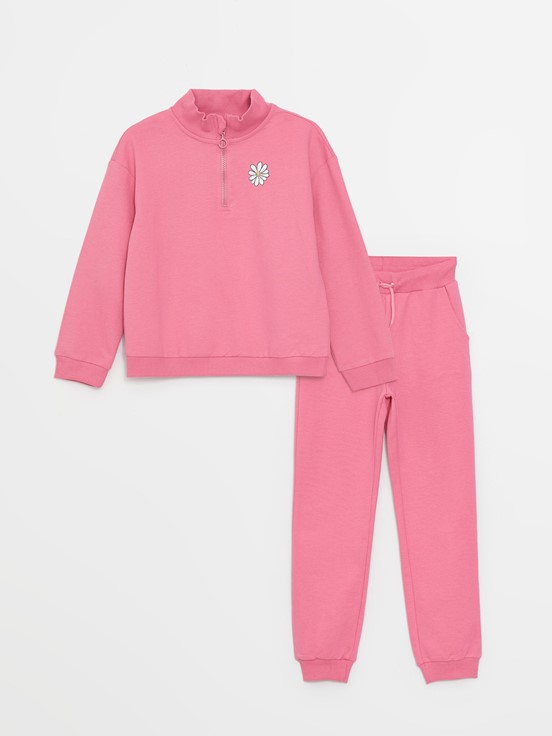 Dik Yaka Baskılı Uzun Kollu Kız Çocuk Sweatshirt ve Eşofman Altı PEMBE