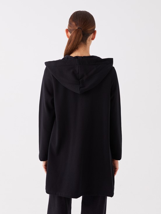 Kapüşonlu Düz Uzun Kollu Kadın Spor Hırka YENİ SİYAH