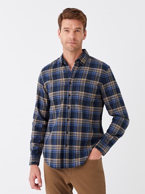 Regular Fit Uzun Kollu Ekose Erkek Gömlek BEJ EKOSELİ