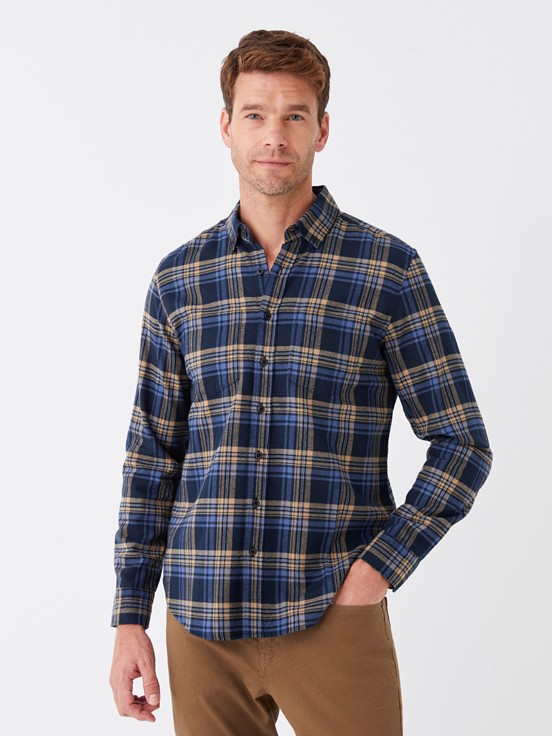 Regular Fit Uzun Kollu Ekose Erkek Gömlek BEJ EKOSELİ