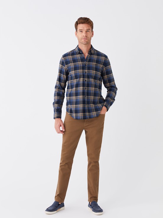 Regular Fit Uzun Kollu Ekose Erkek Gömlek BEJ EKOSELİ