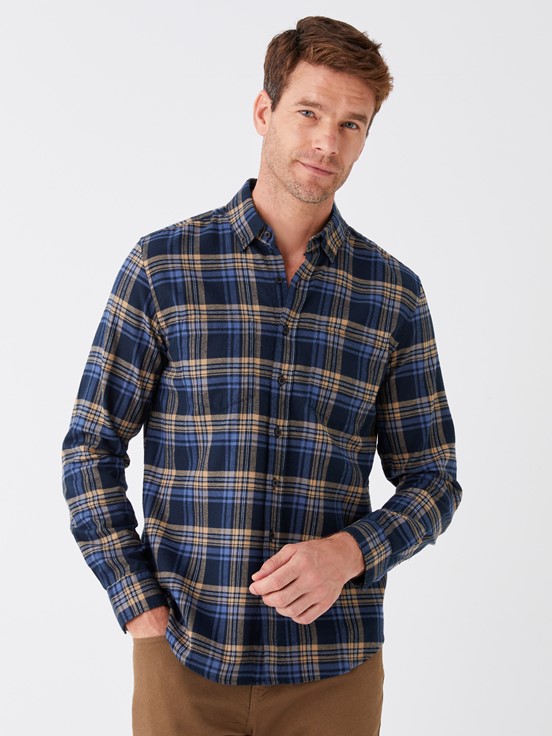 Regular Fit Uzun Kollu Ekose Erkek Gömlek BEJ EKOSELİ