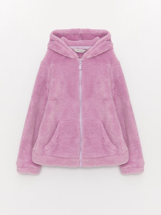 Kapüşonlu Basic Uzun Kollu Pelüş Kız Çocuk Fermuarlı Sweatshirt MAT LİLA