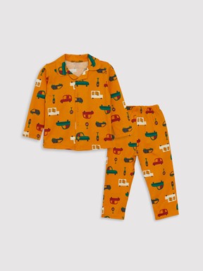 Polo Yaka Erkek Bebek Pijama Takımı MAT SARI BASKILI