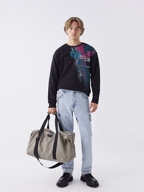 Etiket Baskılı Erkek Spor Çantası KOYU BEJ