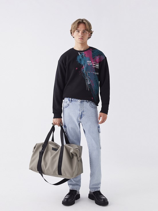 Etiket Baskılı Erkek Spor Çantası KOYU BEJ