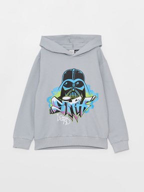 Kapüşonlu Star Wars Baskılı Uzun Kollu Erkek Çocuk Sweatshirt GRİ