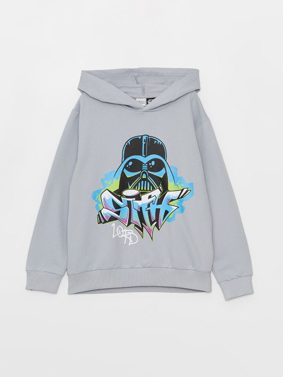 Kapüşonlu Star Wars Baskılı Uzun Kollu Erkek Çocuk Sweatshirt GRİ