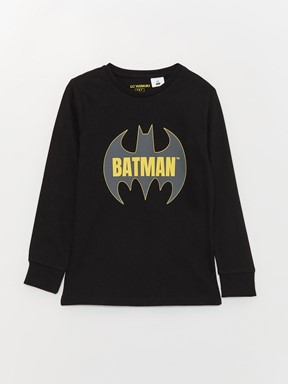 Bisiklet Yaka Batman Baskılı Uzun Kollu Erkek Çocuk Pijama Takımı YENİ SİYAH