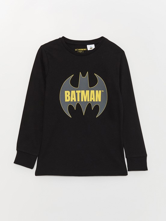 Bisiklet Yaka Batman Baskılı Uzun Kollu Erkek Çocuk Pijama Takımı YENİ SİYAH