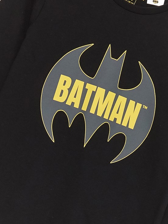 Bisiklet Yaka Batman Baskılı Uzun Kollu Erkek Çocuk Pijama Takımı YENİ SİYAH