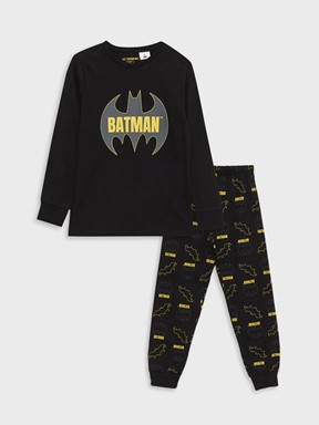 Bisiklet Yaka Batman Baskılı Uzun Kollu Erkek Çocuk Pijama Takımı YENİ SİYAH