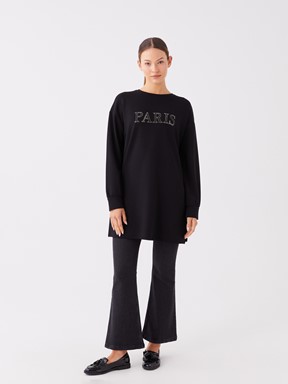 LCW CLASSIC Bisiklet Yaka Nakışlı Uzun Kollu Oversize Kadın Tunik YENİ SİYAH