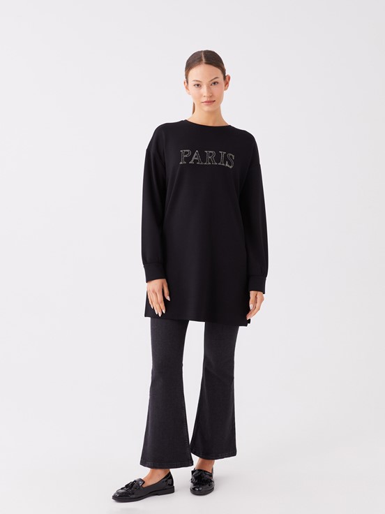 LCW CLASSIC Bisiklet Yaka Nakışlı Uzun Kollu Oversize Kadın Tunik YENİ SİYAH