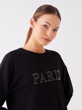 LCW CLASSIC Bisiklet Yaka Nakışlı Uzun Kollu Oversize Kadın Tunik YENİ SİYAH