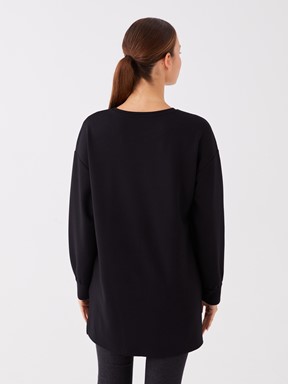 LCW CLASSIC Bisiklet Yaka Nakışlı Uzun Kollu Oversize Kadın Tunik YENİ SİYAH