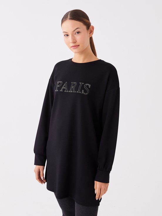 LCW CLASSIC Bisiklet Yaka Nakışlı Uzun Kollu Oversize Kadın Tunik YENİ SİYAH