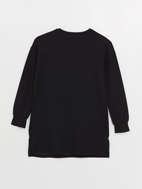 LCW CLASSIC Bisiklet Yaka Nakışlı Uzun Kollu Oversize Kadın Tunik YENİ SİYAH