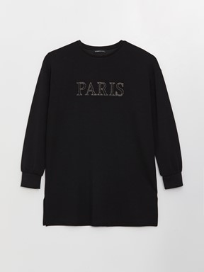 LCW CLASSIC Bisiklet Yaka Nakışlı Uzun Kollu Oversize Kadın Tunik YENİ SİYAH