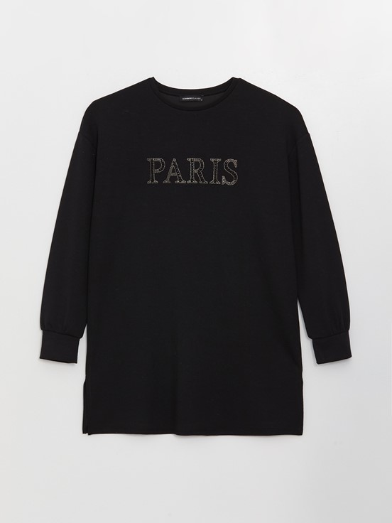 LCW CLASSIC Bisiklet Yaka Nakışlı Uzun Kollu Oversize Kadın Tunik YENİ SİYAH