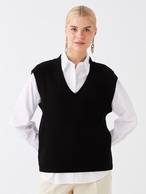 Kadın V Yaka Düz Triko Süveter EKRU