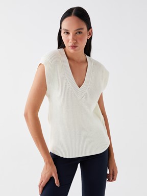 Kadın V Yaka Düz Triko Süveter EKRU
